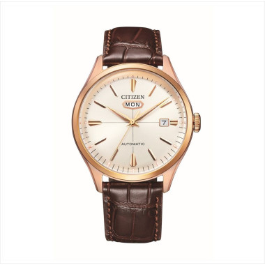 Montre Automatique MECHANICAL - CITIZEN Homme Cadran Blanc Bracelet Cuir Marron - NH8393-05AE