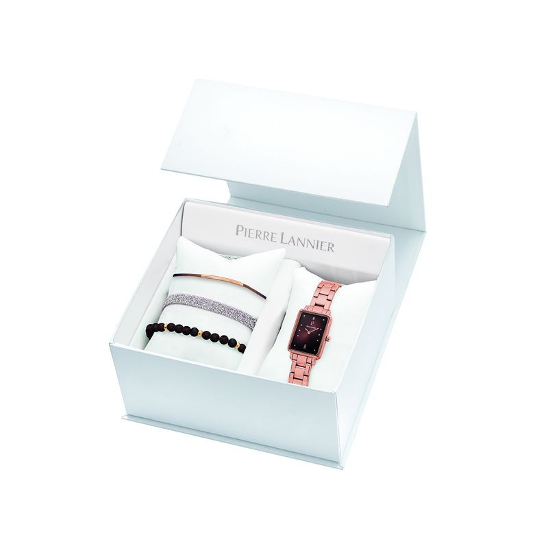 Coffret ARIANE - PIERRE LANNIER Femme Cadran Chocolat Bracelet Acier Rose Doré et Bijoux - 172D988