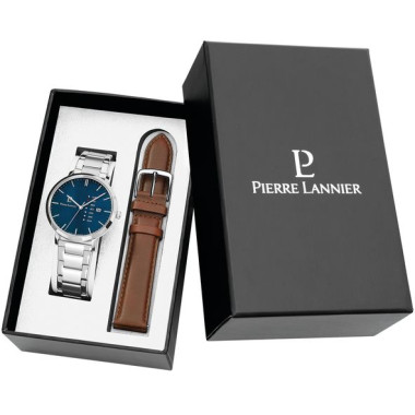 Coffret DATA - PIERRE LANNIER Homme Cadran Bleu Bracelet Acier et Bracelet Cuir Marron - 392C161