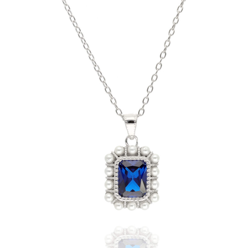 Collier AÉLYS en Argent 925/1000 avec Oxyde Bleu Rectangle et Perles Synthétiques - AE-C6OZ0372