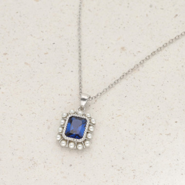 Collier AÉLYS en Argent 925/1000 avec Oxyde Bleu Rectangle et Perles Synthétiques - AE-C6OZ0372