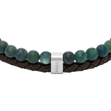 Bracelet FOSSIL Homme Double Rang Cuir Marron et Perles Agate Mousse - JF04854040