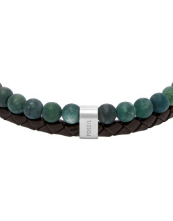 Bracelet FOSSIL Homme Double Rang Cuir Marron et Perles Agate Mousse - JF04854040