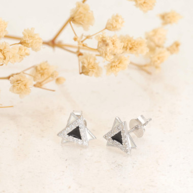 Boucles d'oreilles Triangles AÉLYS en Argent 925/1000 avec Émail Noir et Blanc et Oxydes - AE-B6OZ0530