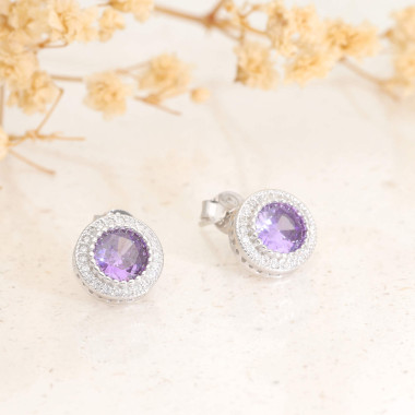 Boucles d'oreilles AÉLYS en Argent 925/1000 avec Oxyde Violet Central et Oxydes Blancs - AE-B6OZ0533