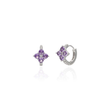 Créoles Fleur AÉLYS en Argent 925/1000 avec Oxydes Violets et Blancs - 0,9 cm - AE-B6OZ0556