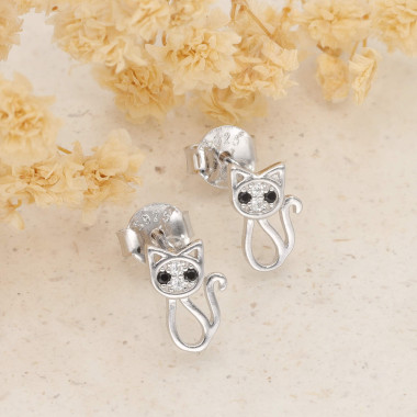 Boucles d'oreilles Chat AÉLYS en Argent 925/1000 avec Oxydes Noirs et Blancs - AE-B6OZ0566