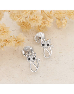 Boucles d'oreilles Chat AÉLYS en Argent 925/1000 avec Oxydes Noirs et Blancs - AE-B6OZ0566