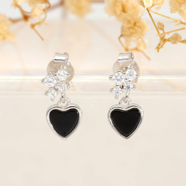 Boucles d'oreilles Cœur AÉLYS en Argent 925/1000 avec Émail Noir et Oxydes - AE-B6OZ0567