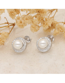 Boucles d'oreilles AÉLYS en Argent 925/1000 avec Perles Blanches et Oxydes - 1,1 cm - AE-B6PL0057