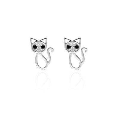 Boucles d'oreilles Chat AÉLYS en Argent 925/1000 avec Oxydes Noirs et Blancs - AE-B6OZ0566