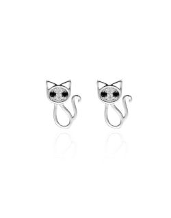 Boucles d'oreilles Chat AÉLYS en Argent 925/1000 avec Oxydes Noirs et Blancs - AE-B6OZ0566