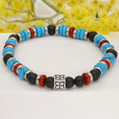 Bracelet CAIRN en Acier avec Agate Noire, Jaspe Rouge et Turquoise - AE-BR7TQ0001