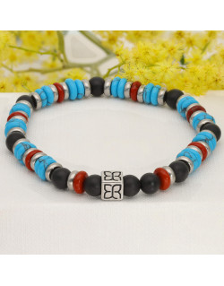 Bracelet CAIRN en Acier avec Agate Noire, Jaspe Rouge et Turquoise - AE-BR7TQ0001