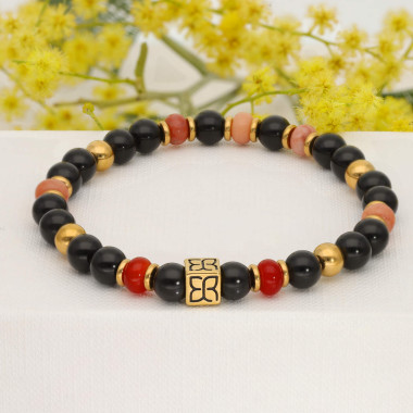 Bracelet CAIRN en Acier avec Agate Noire, Agate Rouge, Aventurine Rose - AE-BR7AG0037