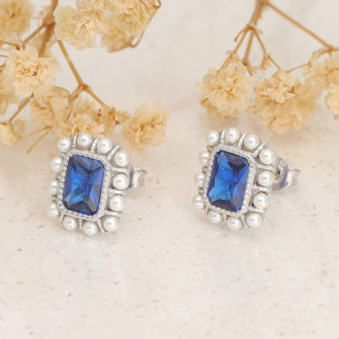 Boucles d'oreilles AÉLYS en Argent 925/1000 avec Oxyde Bleu et Perles Synthétiques - AE-B6OZ0570