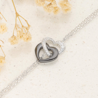 Bracelet Cœurs Entrelacés CERANITY en Argent 925/1000 et Céramique Noire avec Oxydes - AE-BR6OZ0254