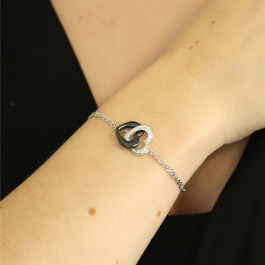 Bracelet Cœurs Entrelacés CERANITY en Argent 925/1000 et Céramique Noire avec Oxydes - AE-BR6OZ0254