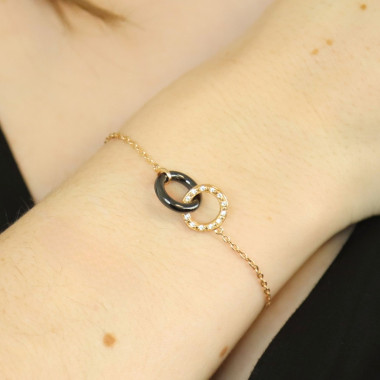 Bracelet Cercles Entrelacés CERANITY en Plaqué Or et Céramique Noire avec Oxydes - AE-BR5OZ0022