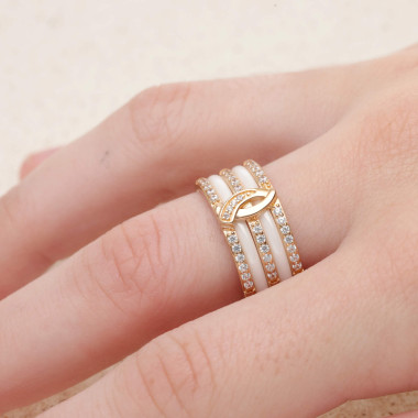 Bague CERANITY en Plaqué Or et Céramique Blanche avec Oxydes  - AE-BA5OZ0014